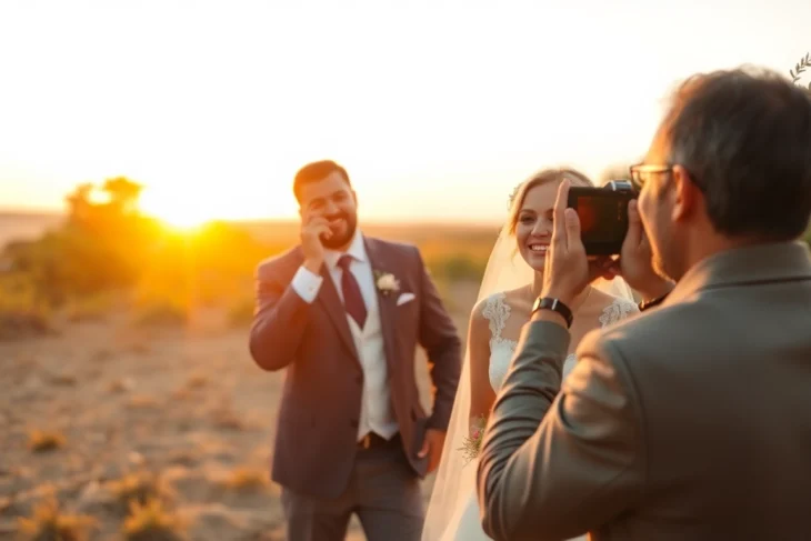 Professional eskuvo fotos capturing a joyful bride and groom during sunset outdoor wedding,