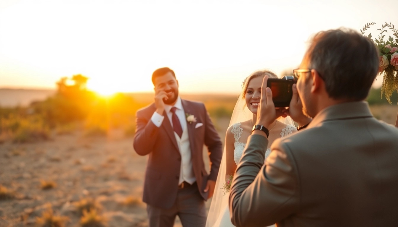 Professional eskuvo fotos capturing a joyful bride and groom during sunset outdoor wedding,