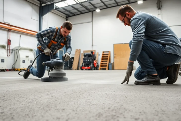 Skilled technicians performing floor preparation in Birmingham to ensure durable, level