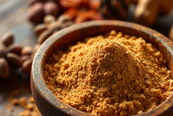 High-quality Nutmeg Powder in a rustic bowl with whole spices, warm lighting, detailed texture,